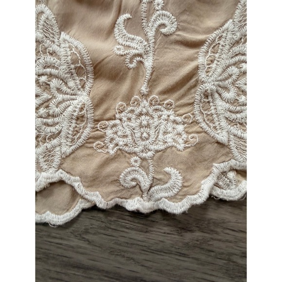 Woman's Tan Embroidered Scalloped Hem Boho Top Lg Whimsical Prairie Cottagecore - Picture 5 of 11